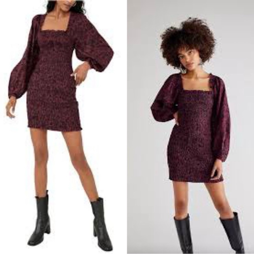 Free People Floral-Print Smock It To Me Balloon-Sleeve Mini Dress Medium